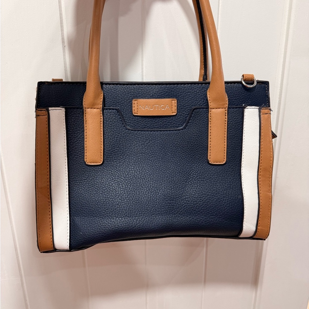 Nautica Navy, White & Tan Leather Small Tote